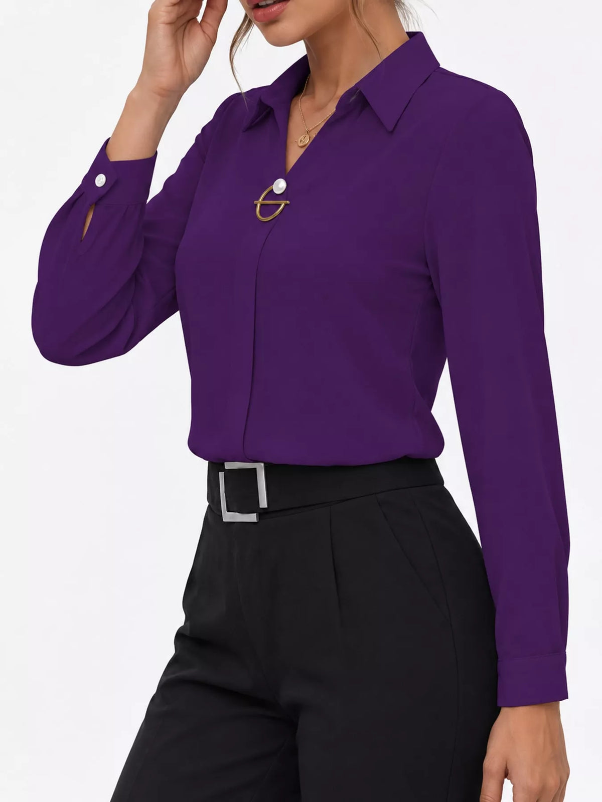 Women's Collared Clasp Detail Long Sleeve Satin Blouse in purple — side view
