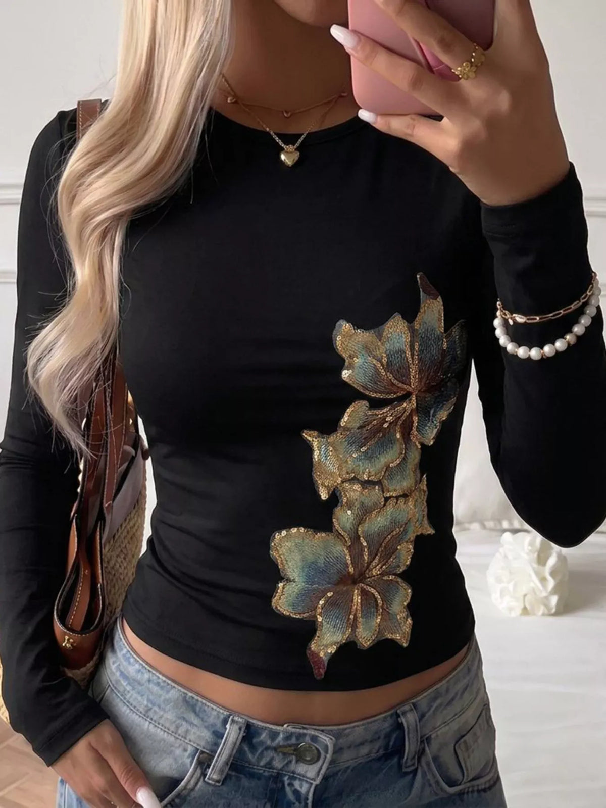 Floral Sequin Long Sleeve Slim-fit T-Shirt, front view