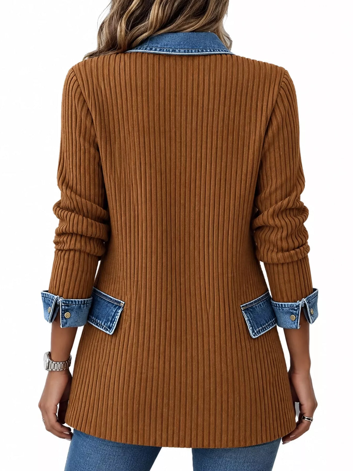 Brown denim trim ribbed knit cardigan, back view