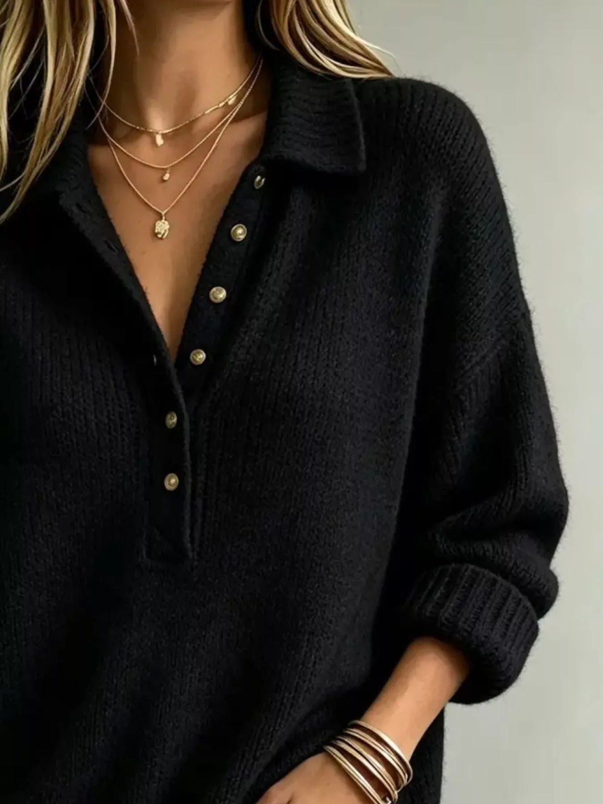 Women's Button Detail Dropped Shoulder Sweater in black — neckline detail view