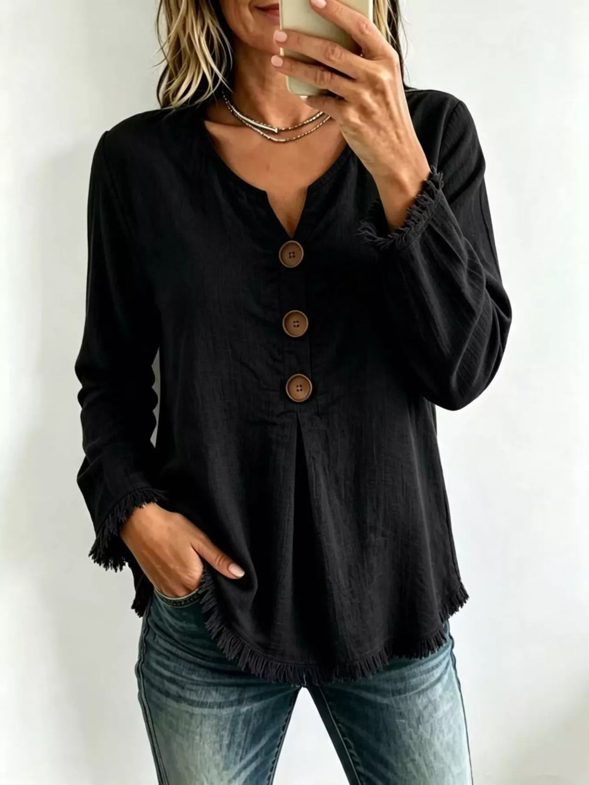 Black Frayed-Hem Long Sleeve Button-Front Blouse front view