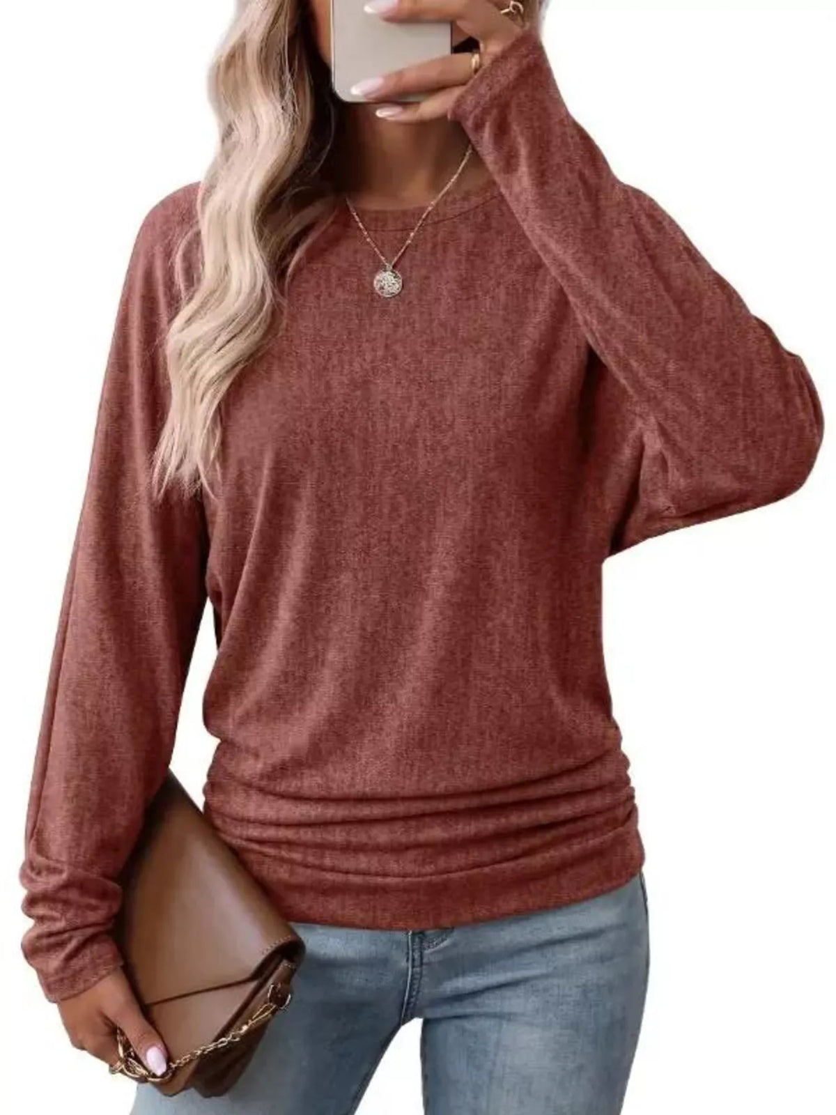 Rust crew neck t-shirt with ruched hem