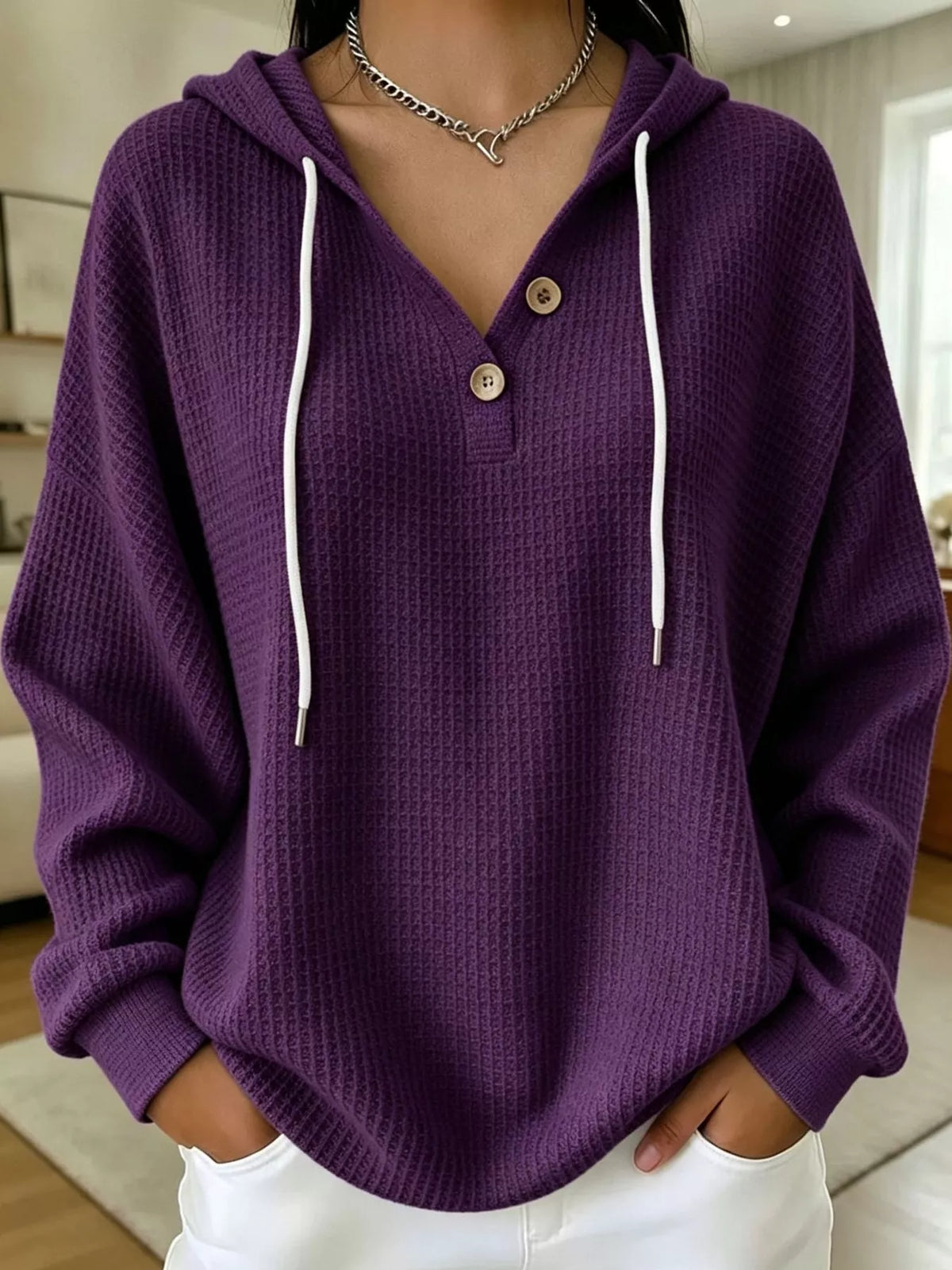 Waffle-knit hoodie, purple front