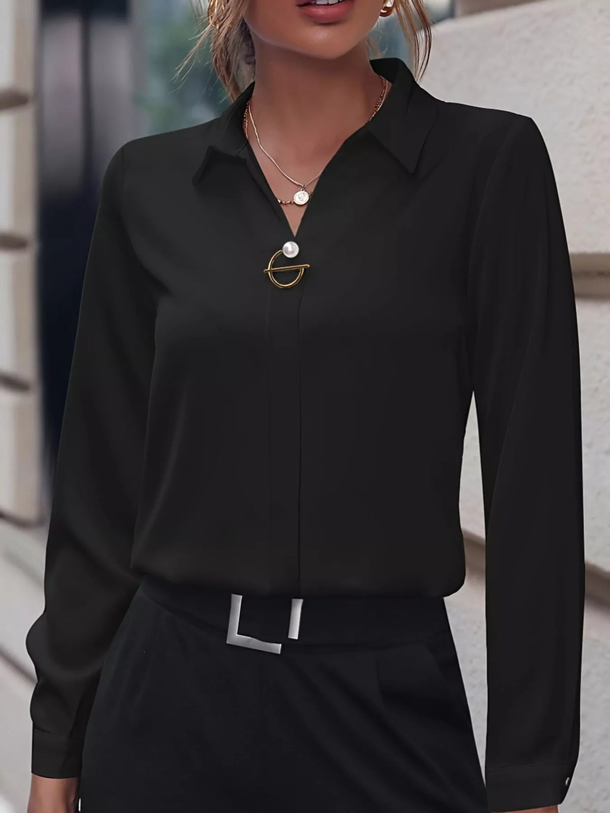 Women's Collared Clasp Detail Long Sleeve Satin Blouse in black — front view