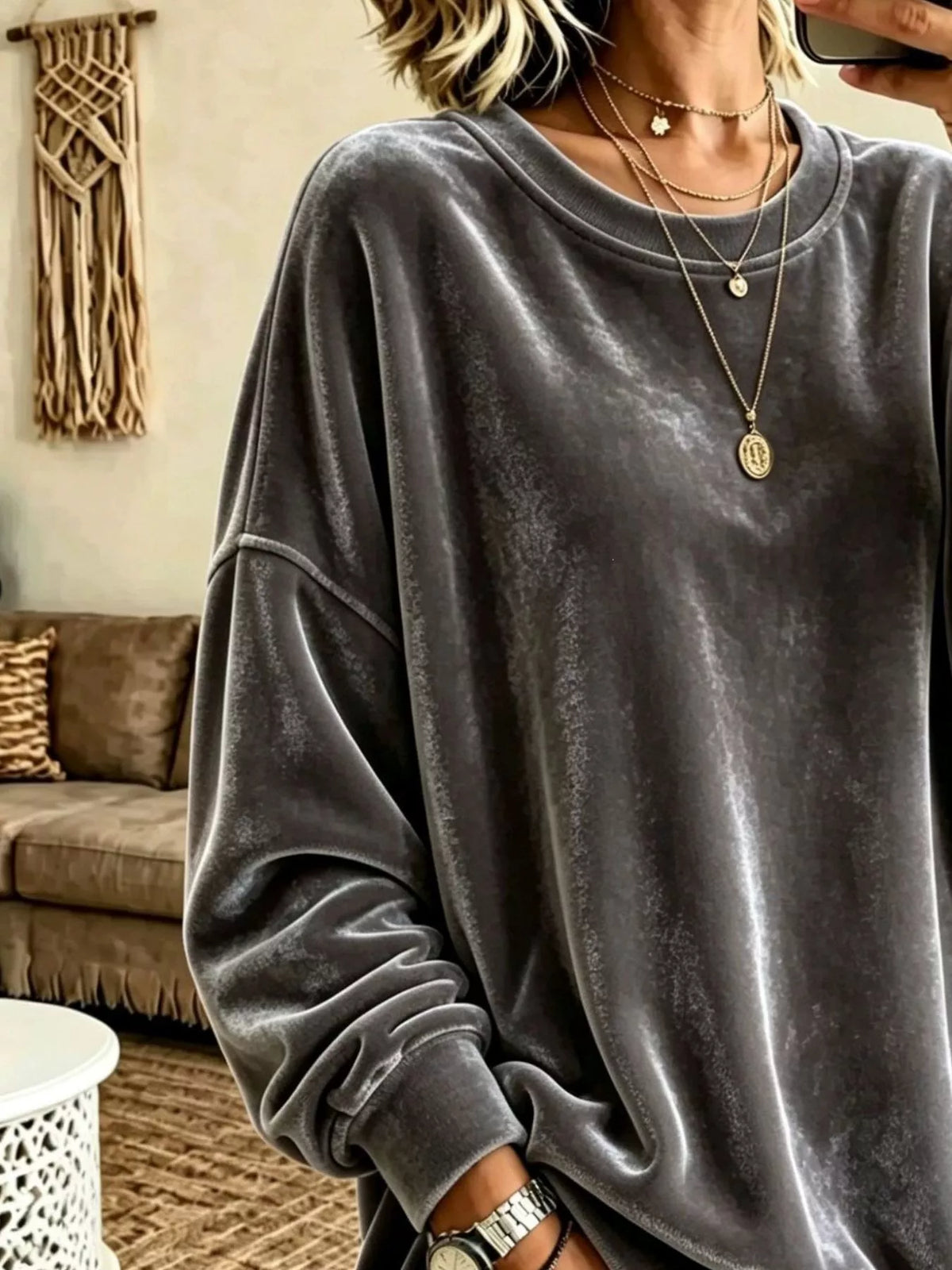Women's Velvet Dropped Shoulder Crew Neck Sweatshirt in gray — texture detail view