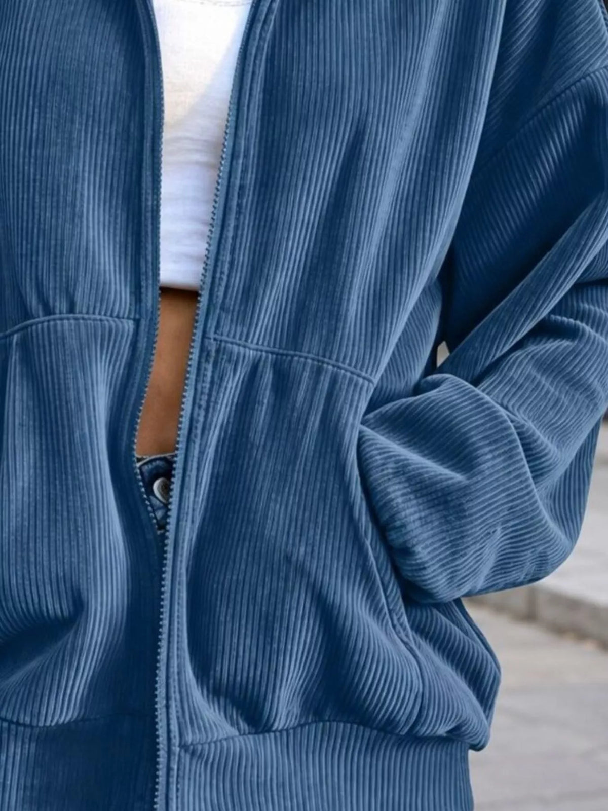Corduroy Zip-Up Stand Collar Sweatshirt, pocket detail