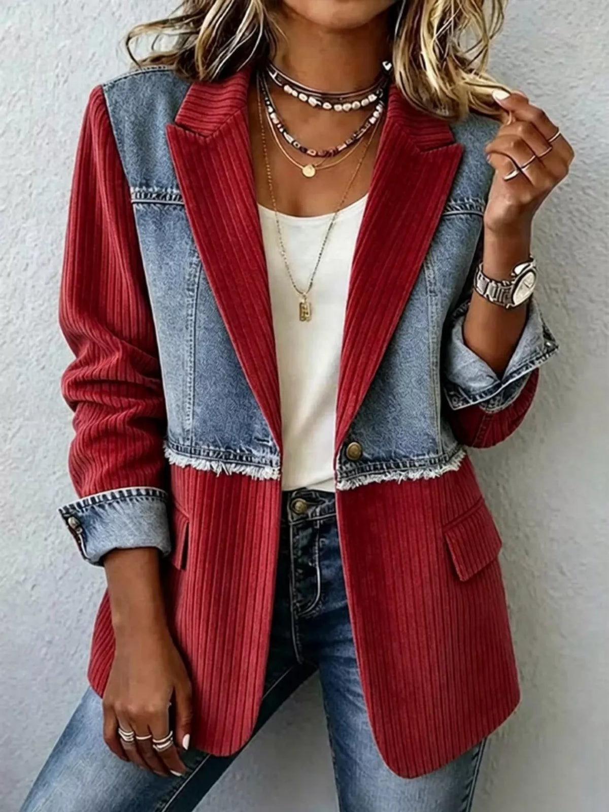 Burgundy and blue ribbed blazer with contrasting panels, front view