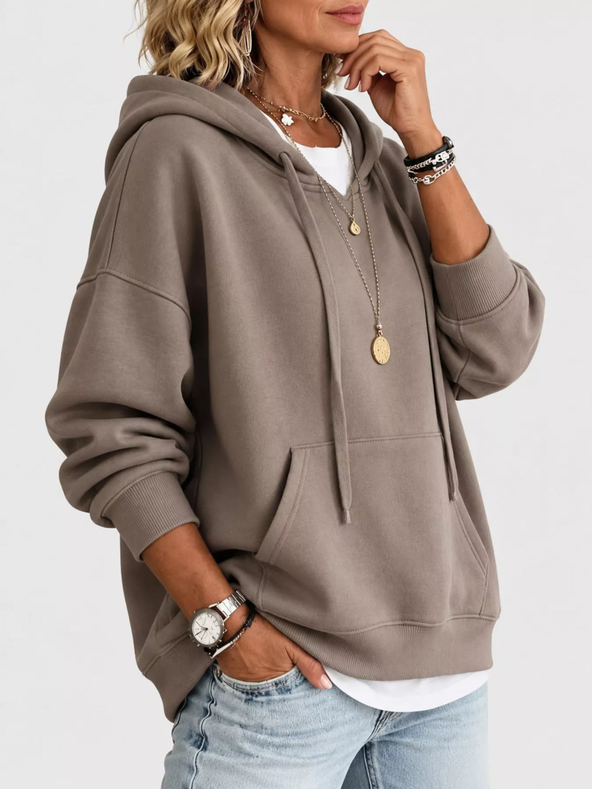 Women's Drawstring Dropped Shoulder Hoodie in taupe — side view