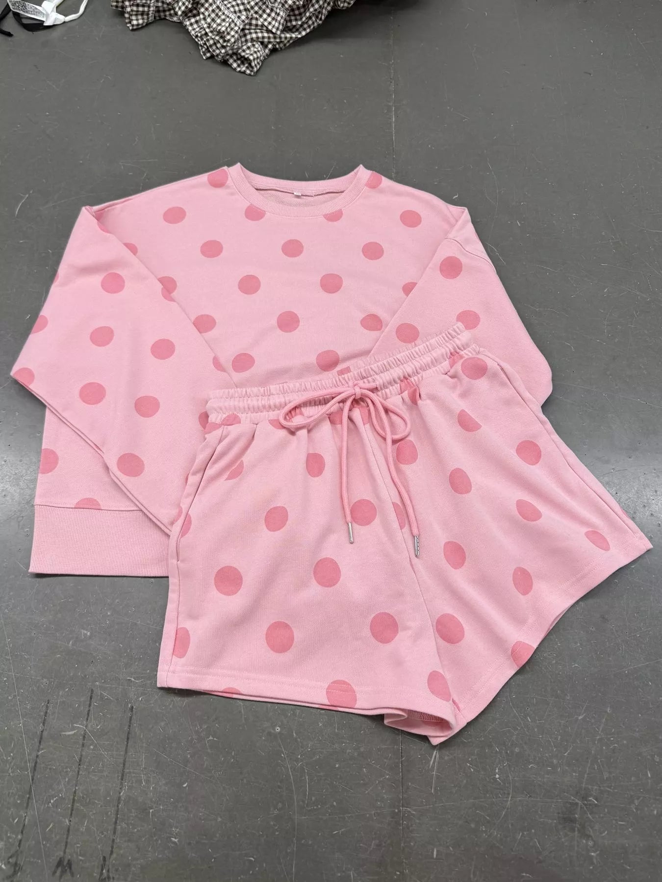 Trendsi Polka Dot Crewneck Sweatshirt and Shorts Set -
