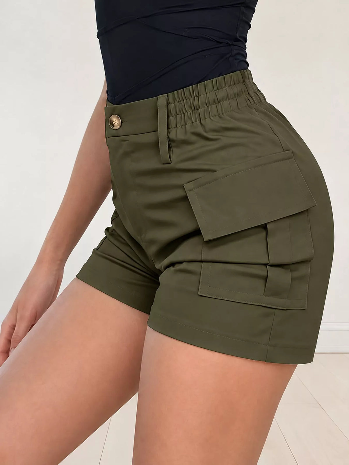 Army Green high-waisted cargo shorts