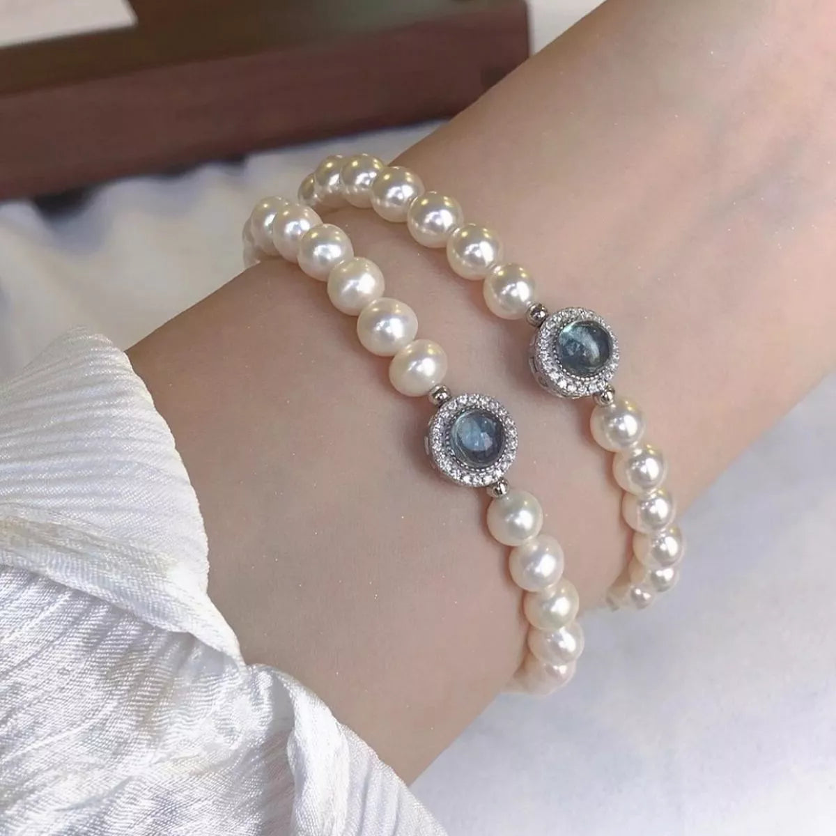 Trendsi 925 Sterling Silver Zircon Bead Pearl Bracelet -