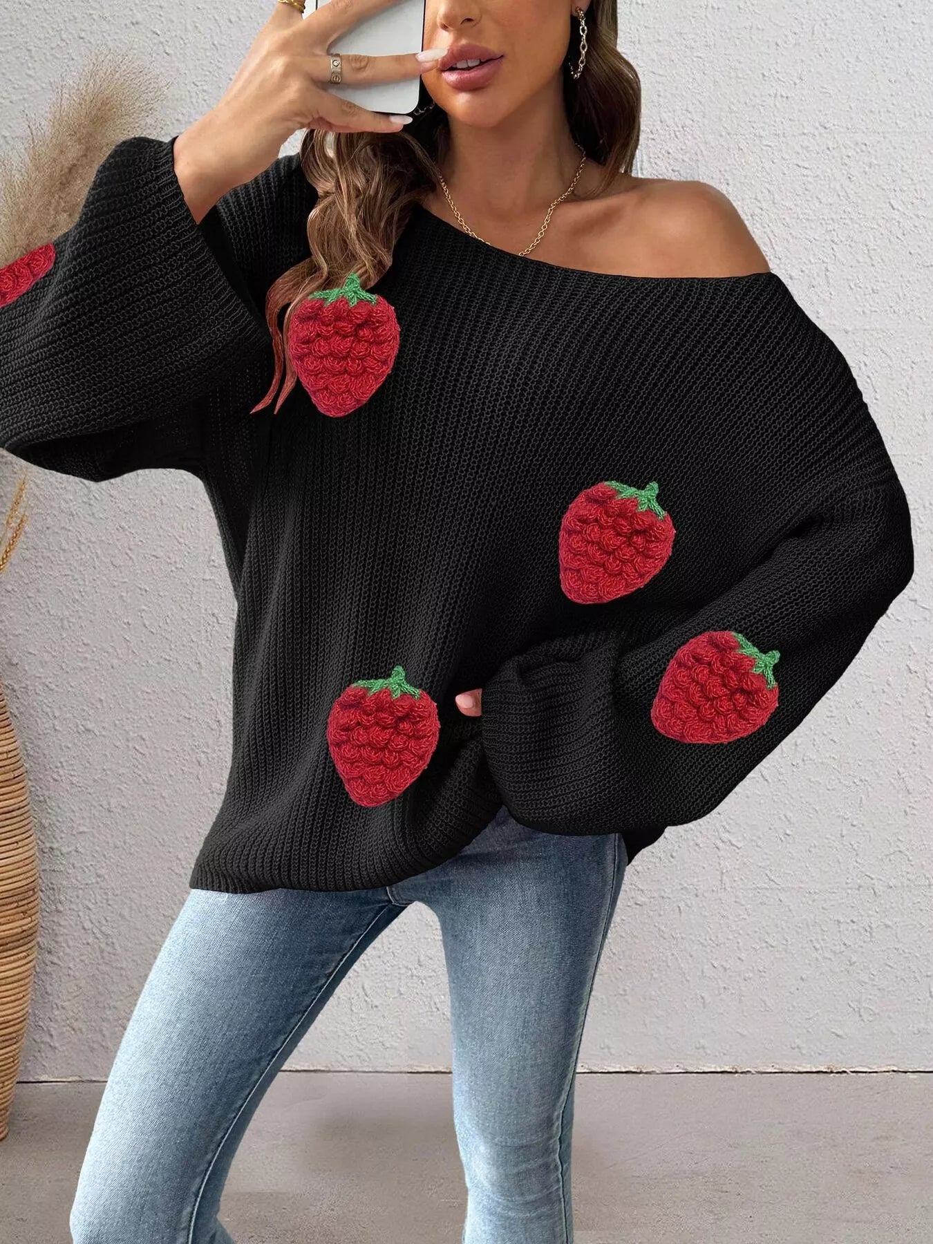 Trendsi Strawberry Applique Oversized Sweater -