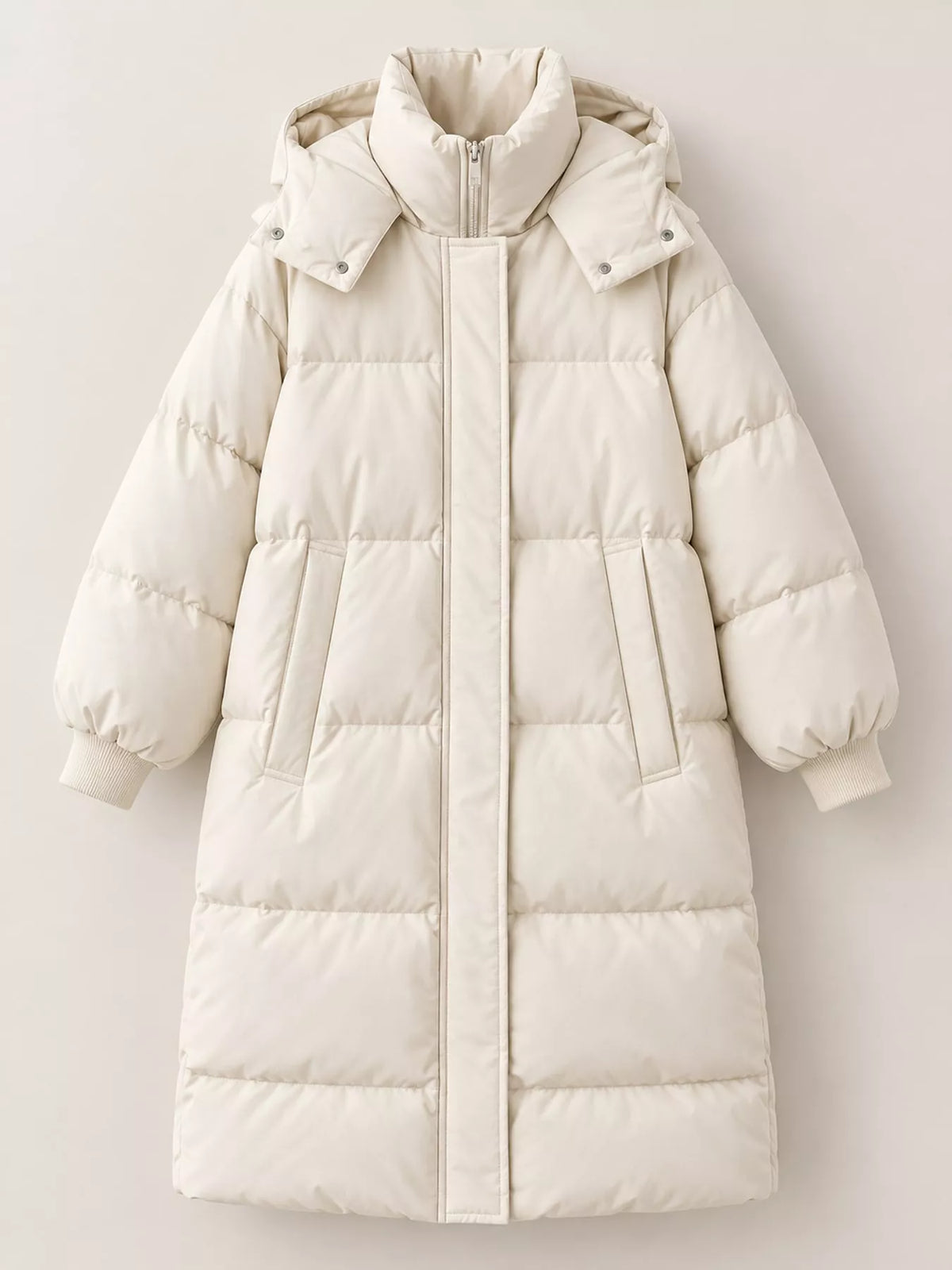 Longline puffer coat, cream flat front