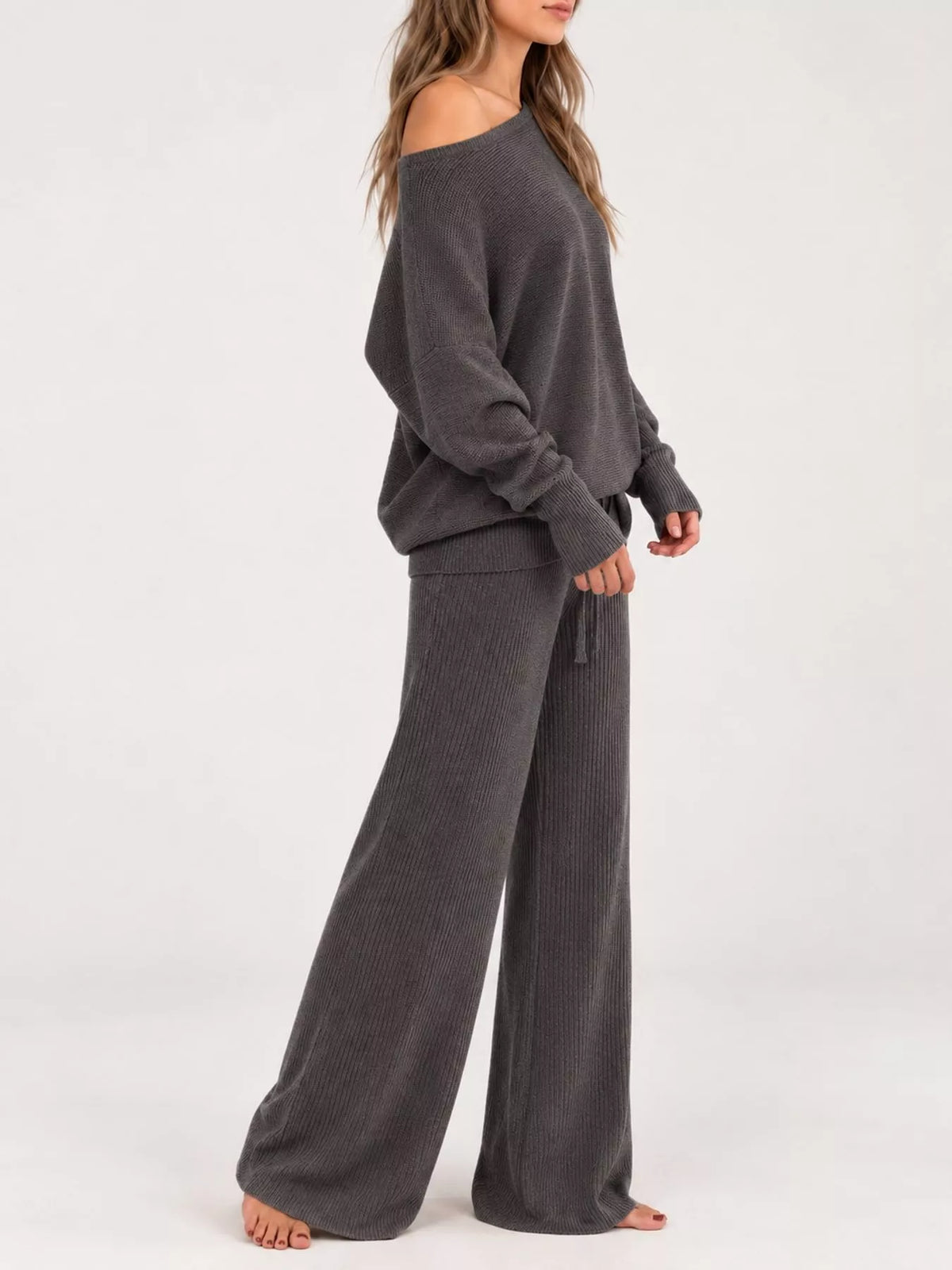 Asymmetric neck long sleeve outfit set, side view