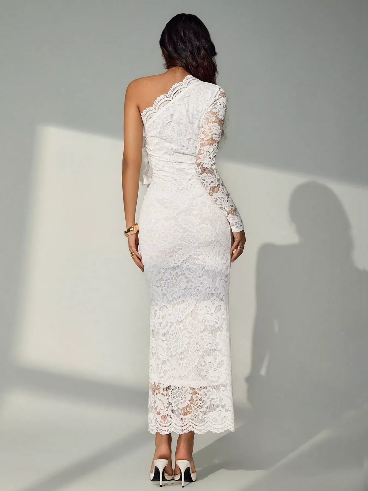 Trendsi One-Shoulder Lace Cut-Out Midi Dress -