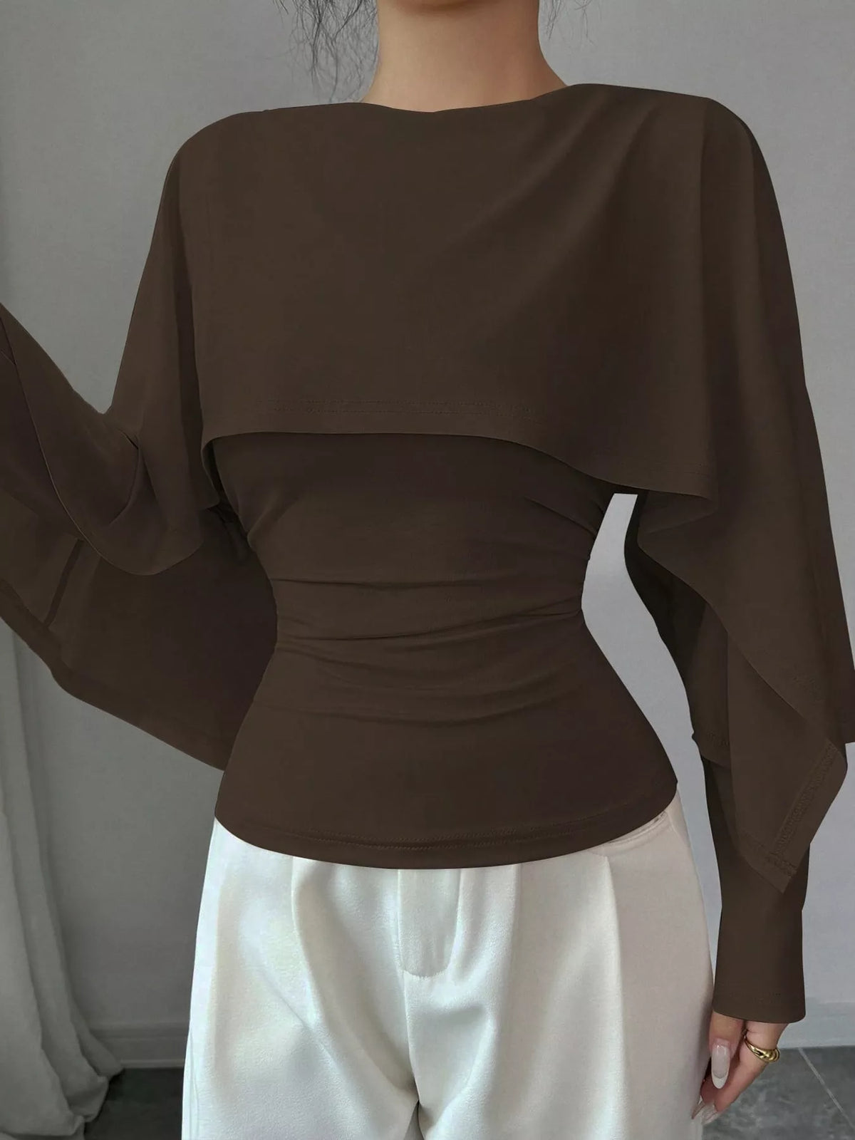 Layered Cape-Style Blouse with Slim-Fit Bodice — front view