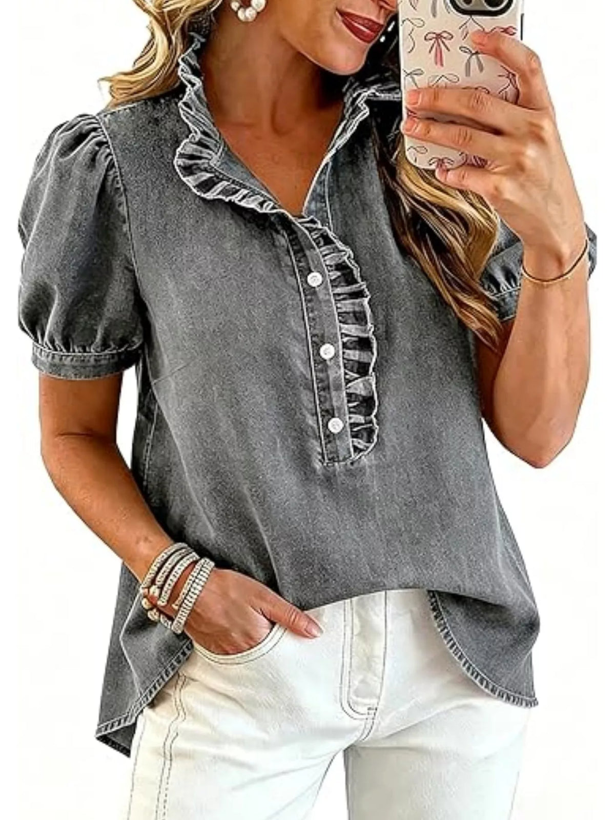 Trendsi Frill Puff Sleeve Denim Top -