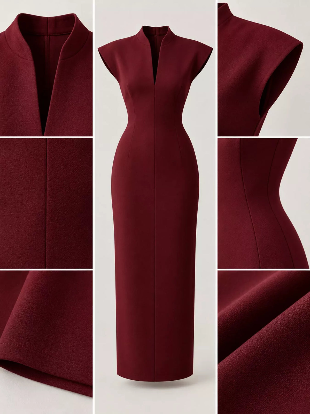 Women's Slit Sleeveless Bodycon Midi Dress in burgundy — detail collage view
