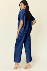 Trendsi Double Take Full Size Texture Half Zip Short Sleeve Top and Pants Set -