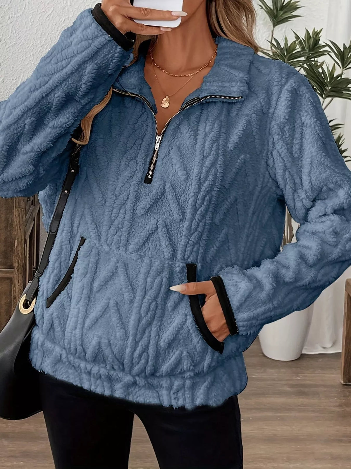 Women's Quarter-Zip Sherpa Sweatshirt in blue — front view