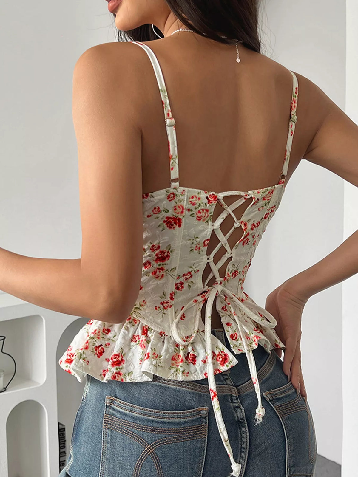 Multicolor lace up back floral print cami, back view