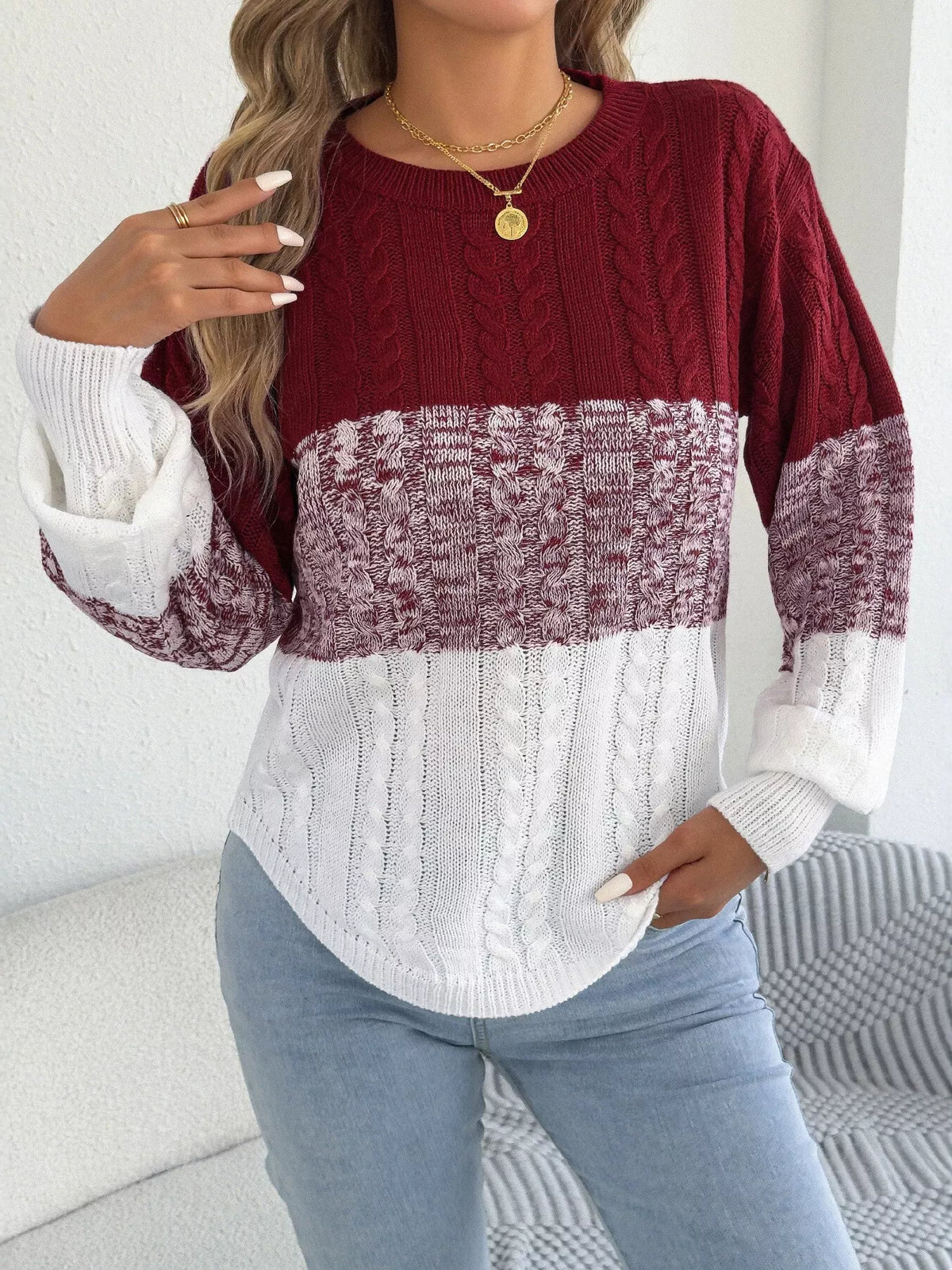 Black color block cable knit sweater