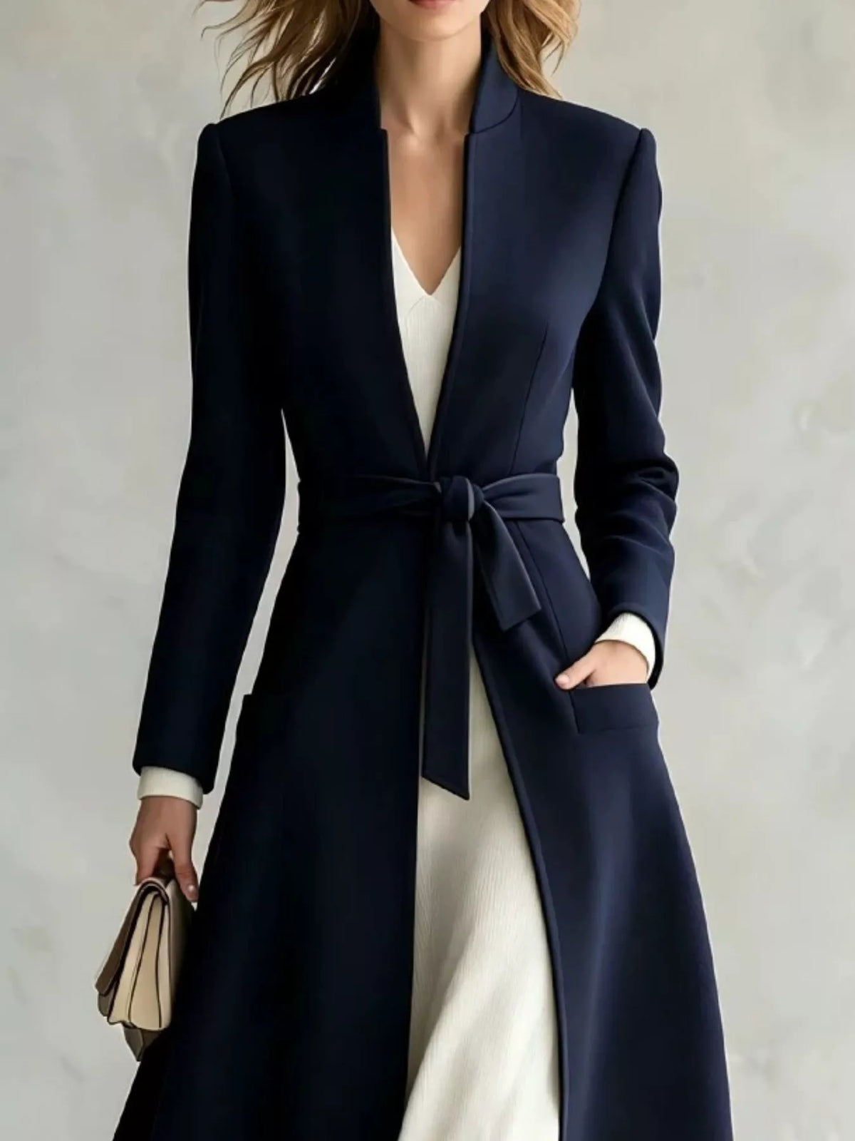 Navy tie waist long sleeve coat — design and construction details