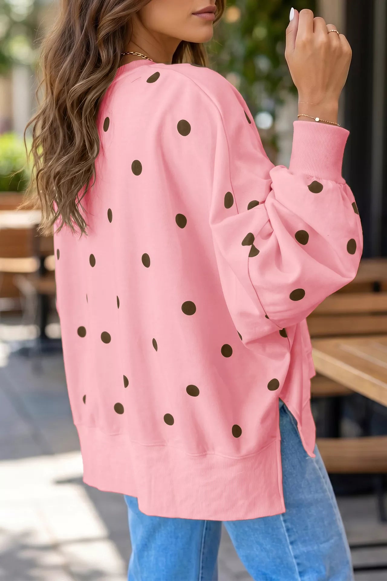 Trendsi Side Slit Polka Dot Oversized Sweatshirt -