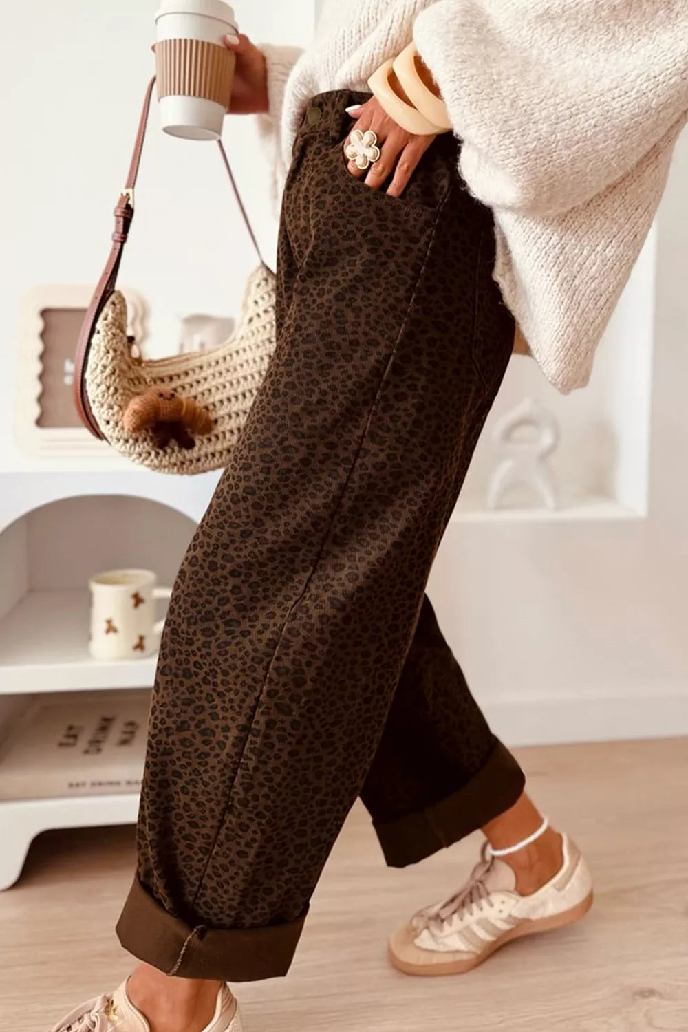 Women's Leopard Print Wide-Leg Jeans in Coffee Brown, back view