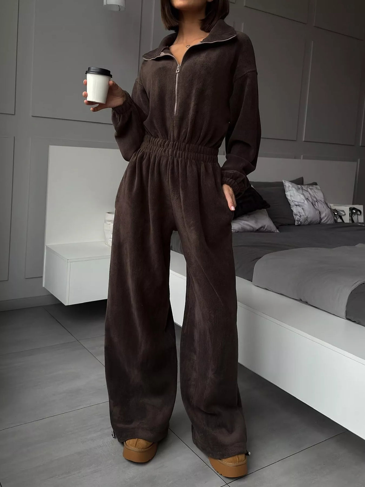 Zip Front Long Sleeve Jumpsuit — front view