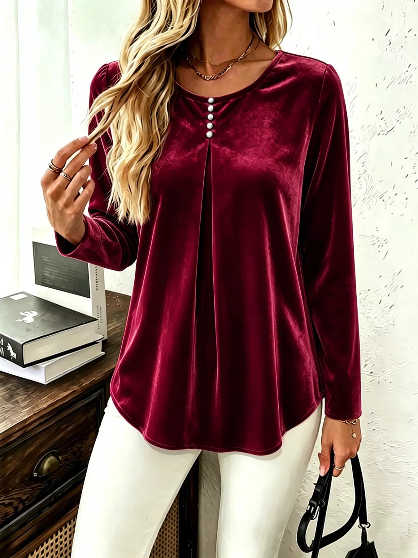 Trendsi Velvet Long Sleeve Ruched Top -