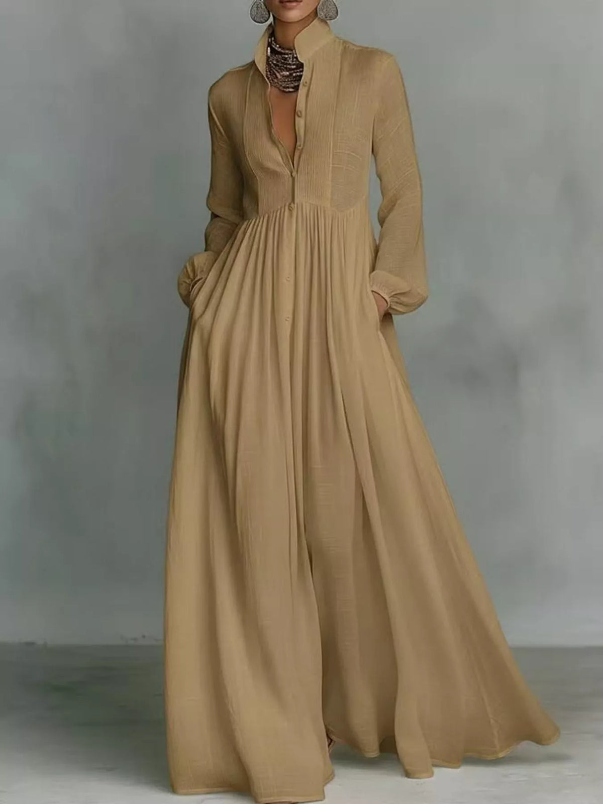 Khaki long sleeve button-front maxi dress