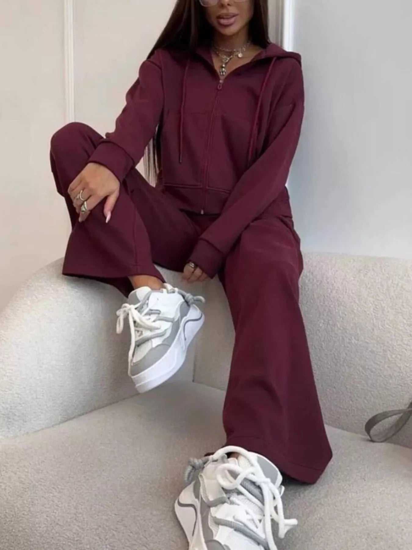 Trendsi Zip-Up Hoodie and Wide-Leg Pants Set -