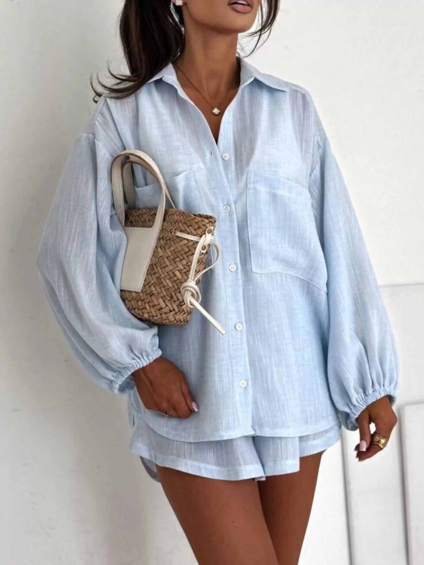 Trendsi Long Sleeve Shirt and High-Waisted Shorts Set -