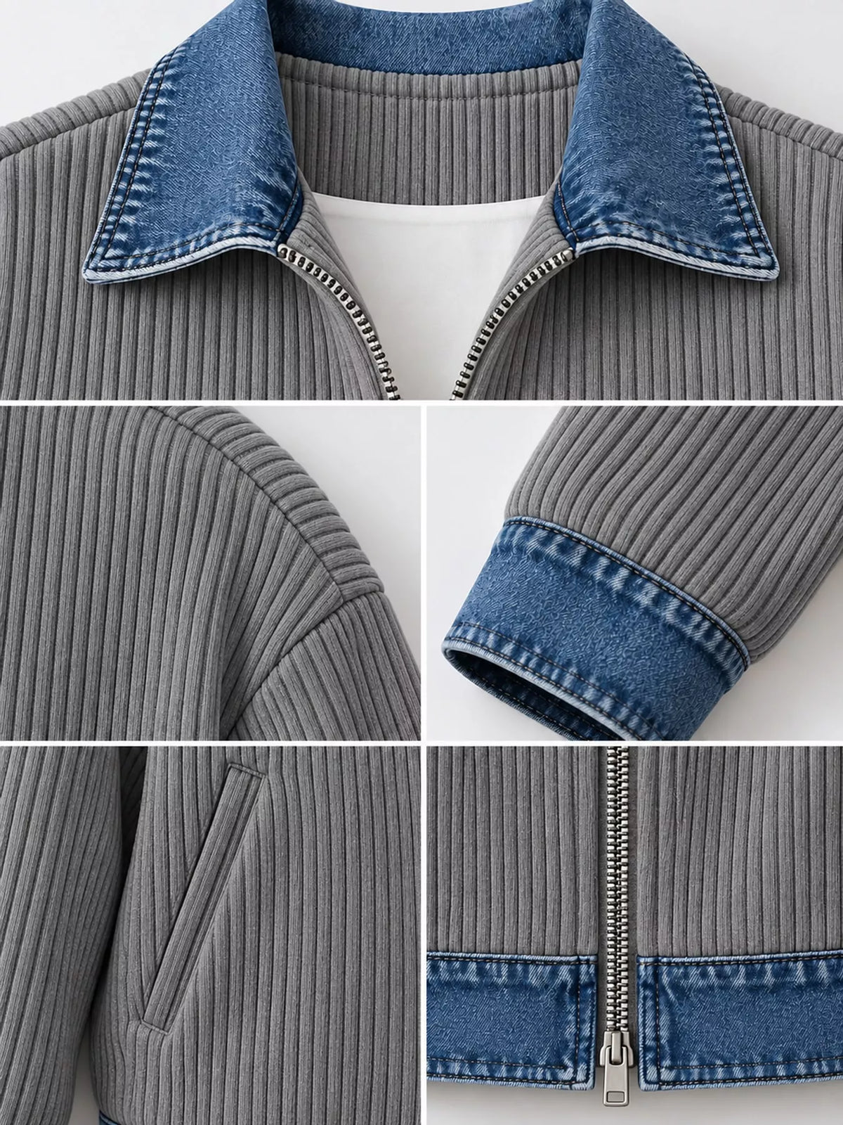 Gray denim-collar ribbed knit zip-up jacket — design and construction details