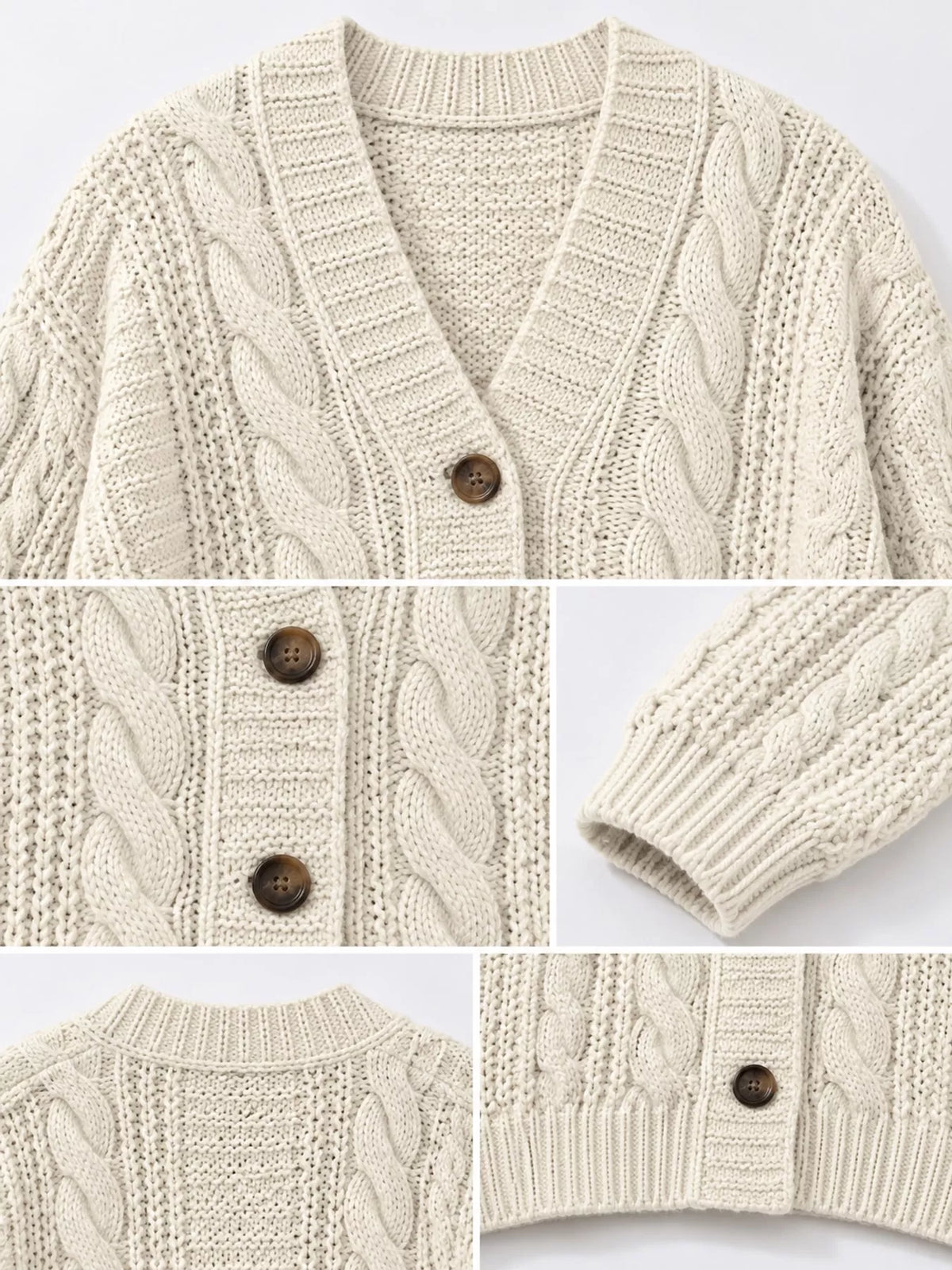 Cream cable knit button-down cardigan, neckline, cable knit, button, and ribbed edges