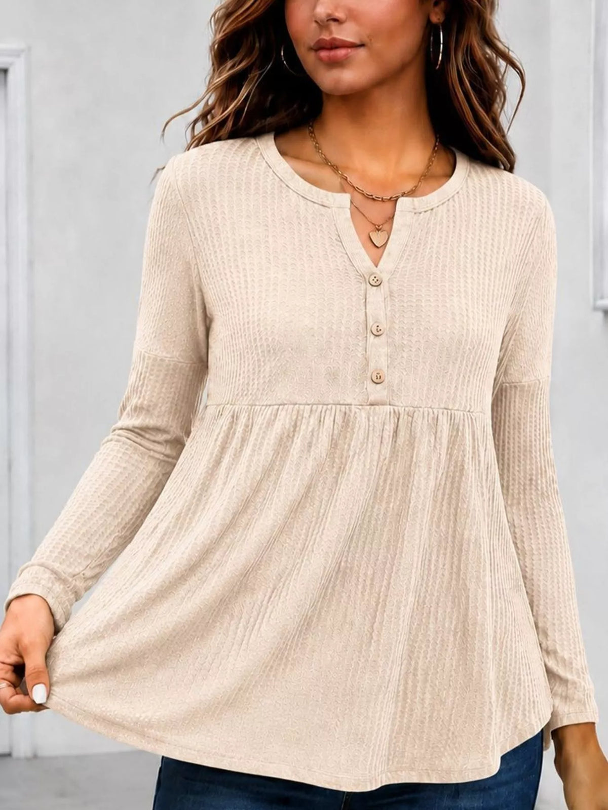 Women's Textured Long Sleeve Peplum Top in Beige, alternate view