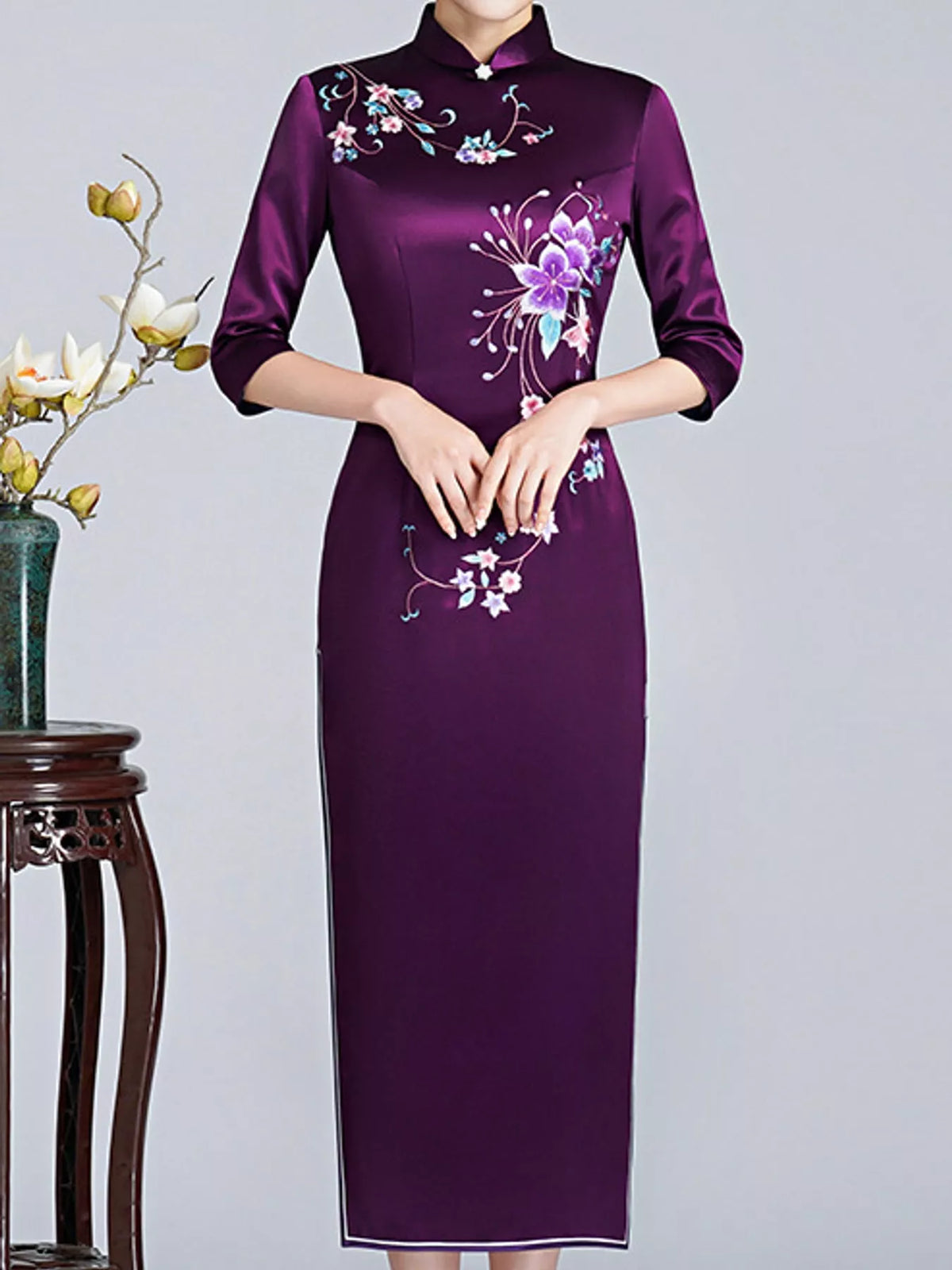 Violet Blue floral embroidered cheongsam dress