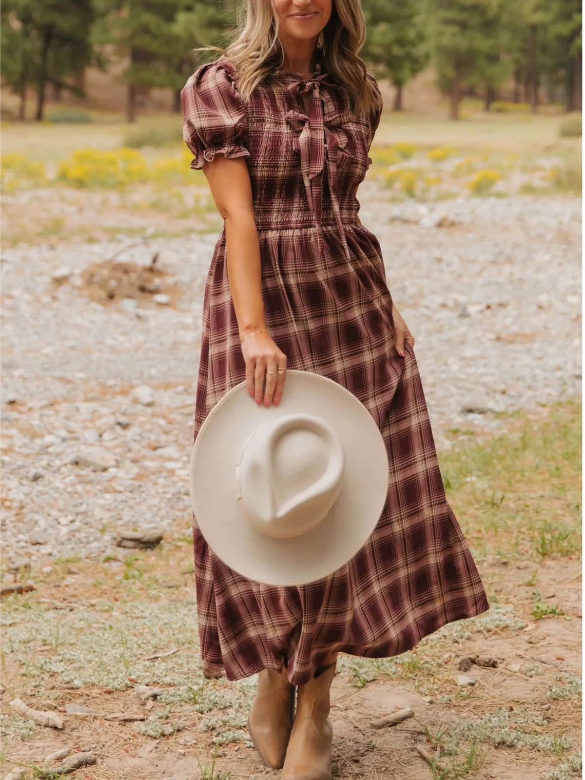 Plaid smocked dress, brown plaid full front