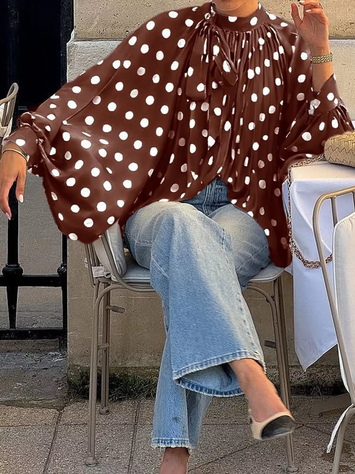 Coffee polka dot long sleeve blouse