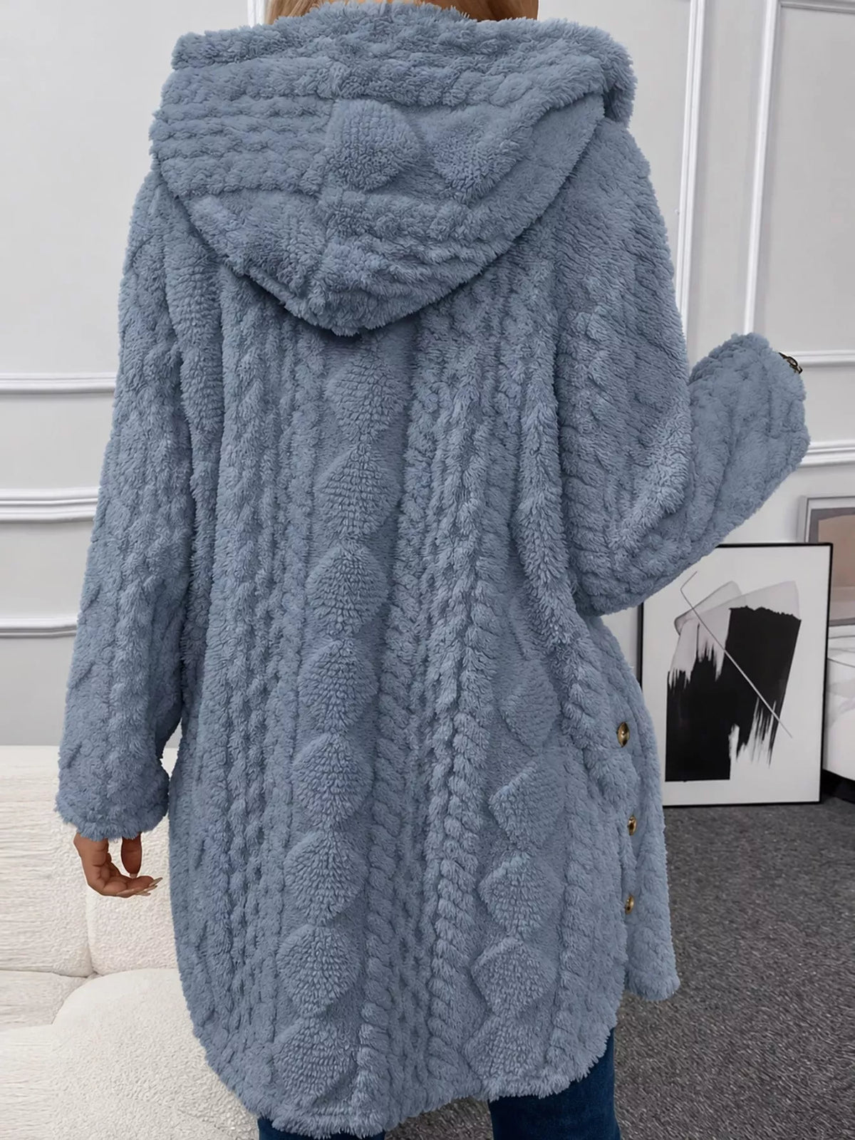 Cable knit faux fur hooded jacket, back view