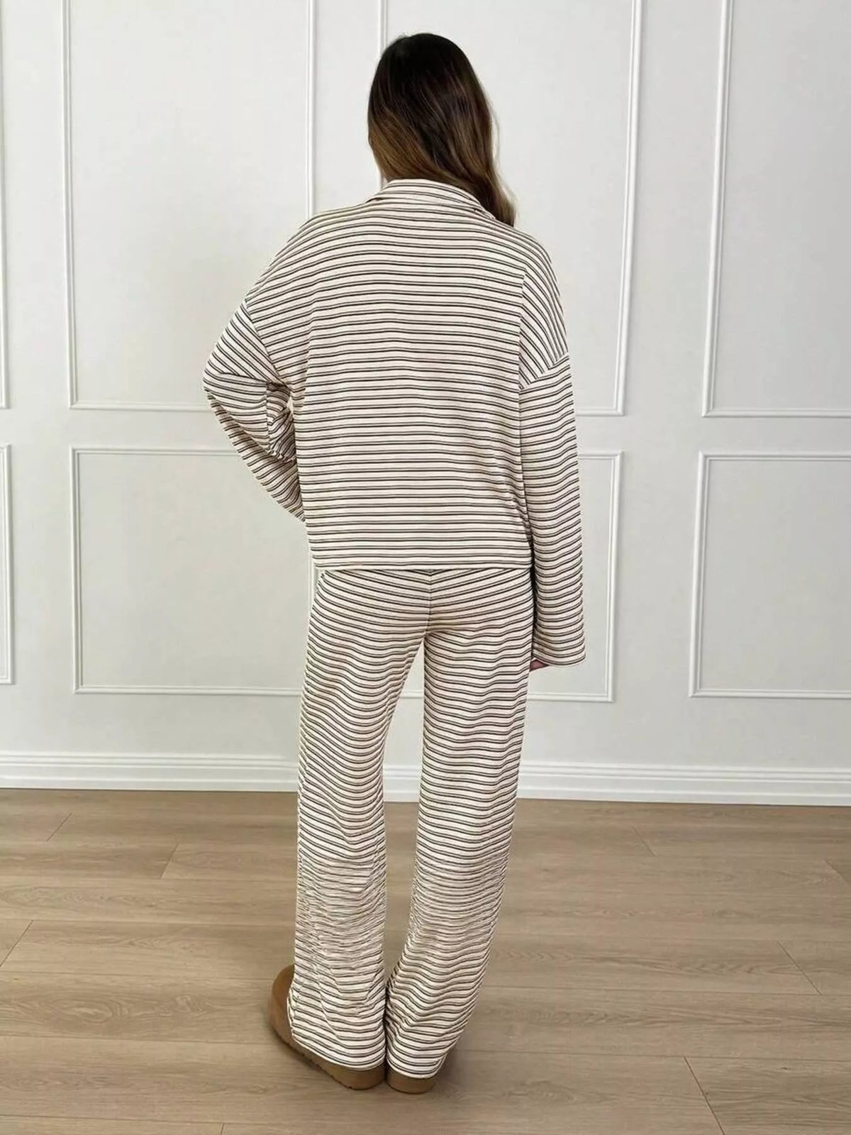 Striped Polo Top and Wide-Leg Pants Set, back view