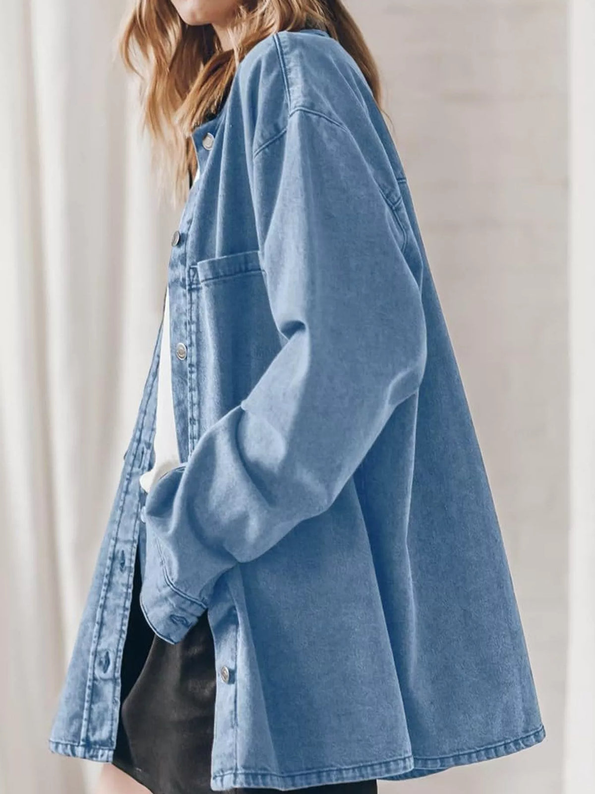 Button-Up Dropped Shoulder Denim Shacket — side view