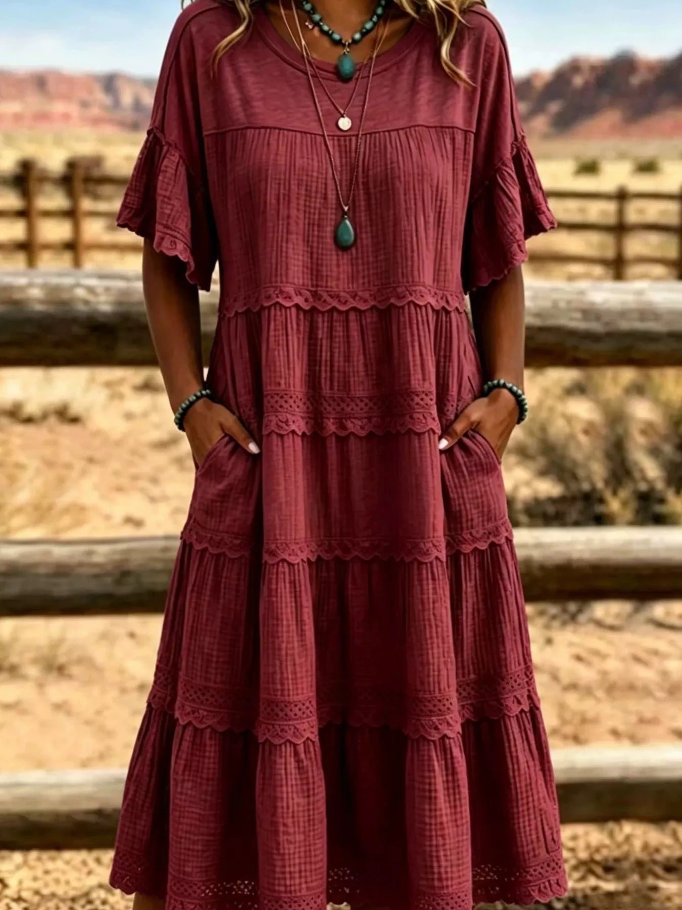 Trendsi Full Size Tiered Ruffle Sleeve Midi Dress with Pockets Plus Size -