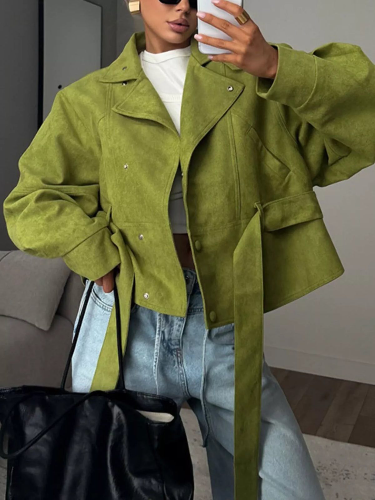 Trendsi Tie Waist Long Sleeve Cropped Jacket -
