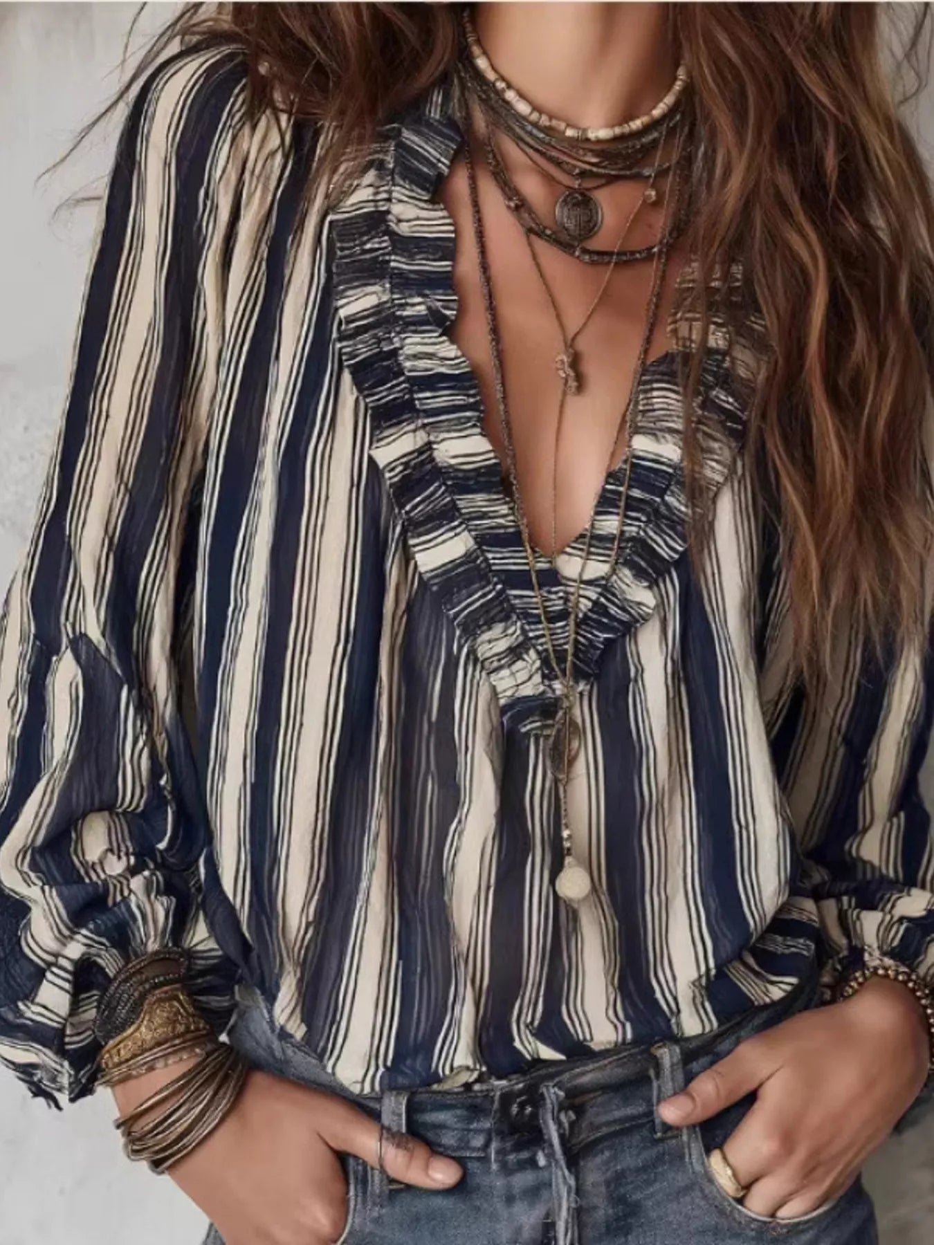 Trendsi Striped Balloon Sleeve Blouse -
