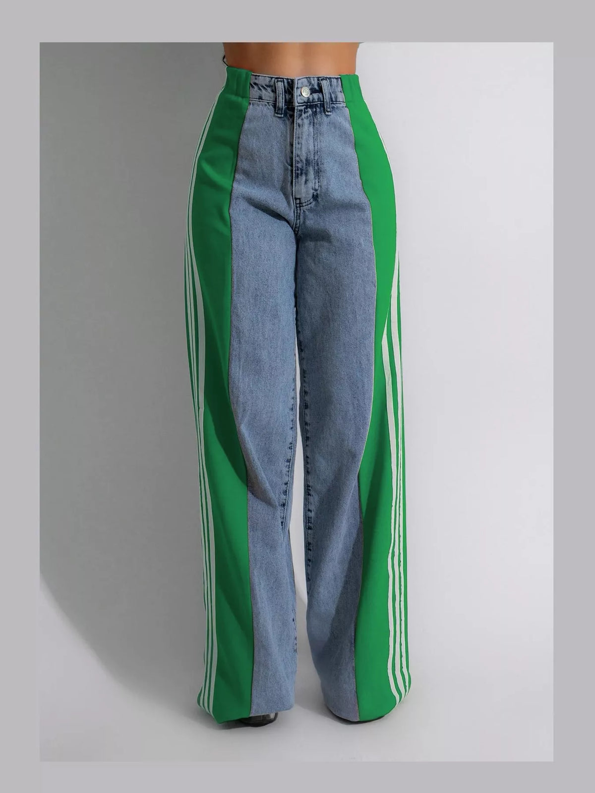 Green high-waisted wide-leg jeans with side stripe detail