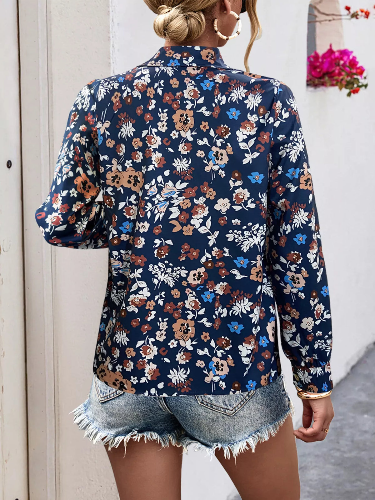 Printed Button-Down Long Sleeve Shirt in navy, floral back view