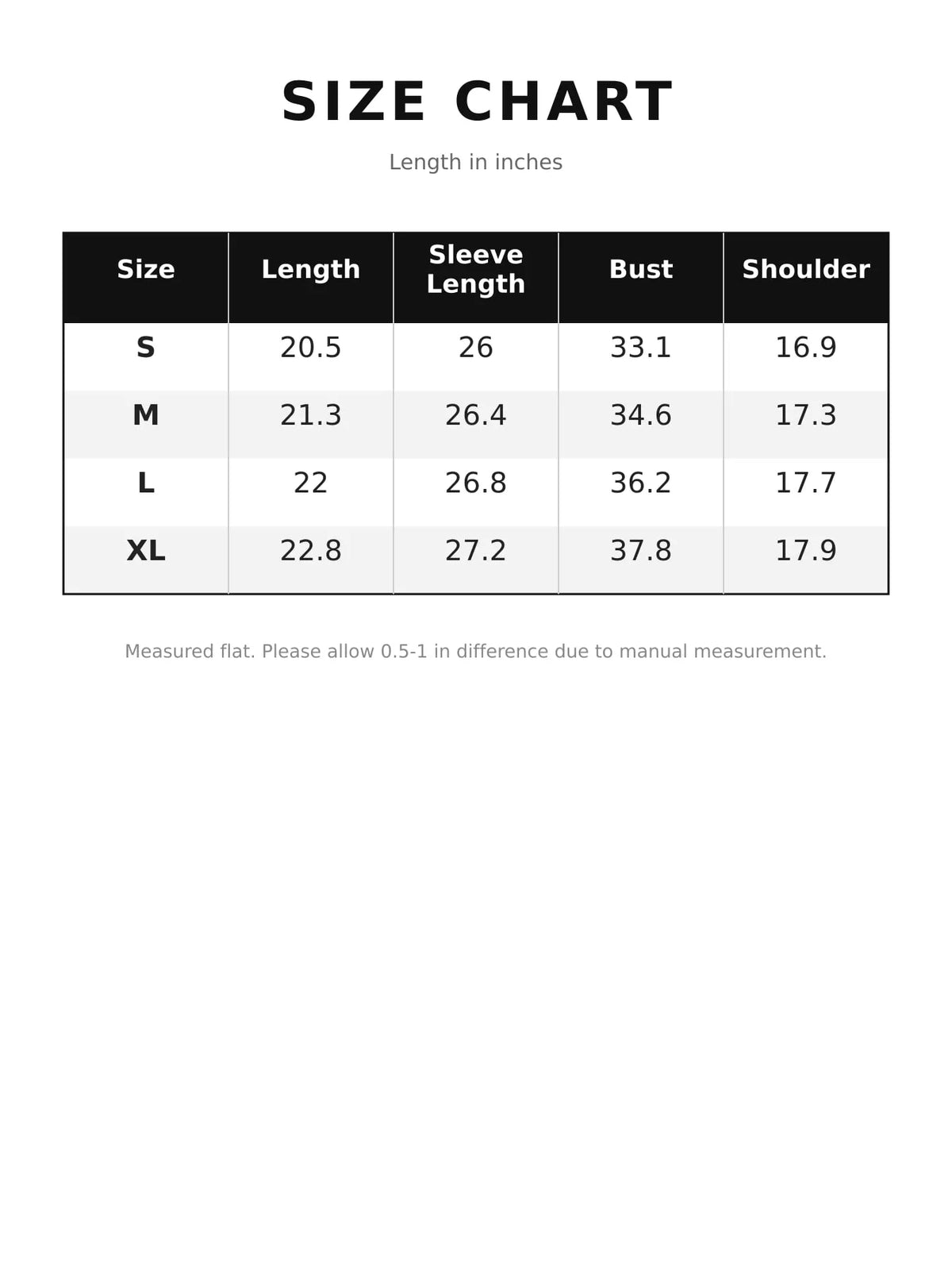 Button-Up Stand-Up Collar Jacket — size and measurement chart