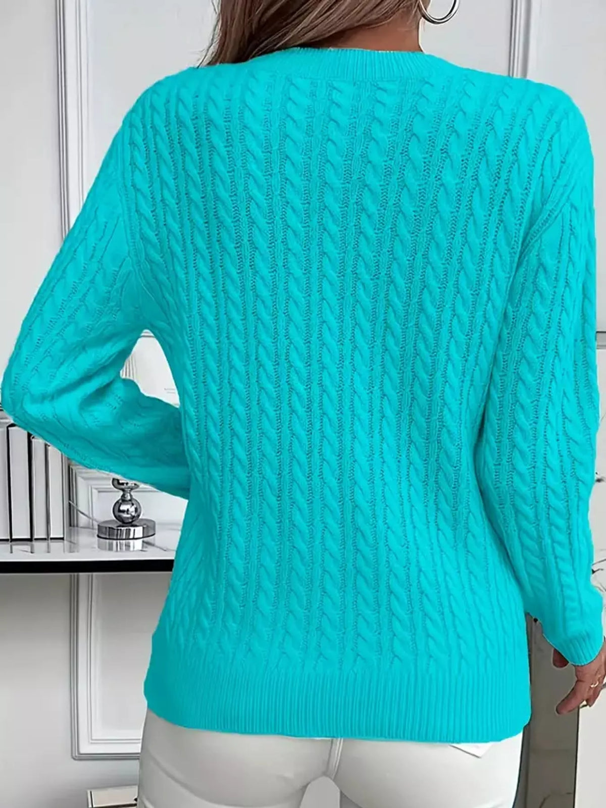Lake Blue cable knit round neck sweater, back view